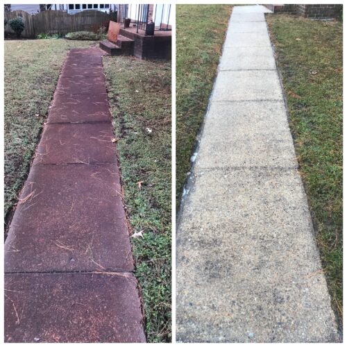 Before and after images of a dirty and clean sidewalk