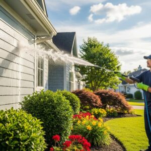 Soft washing a home exterior showcasing gentle cleaning methods and protecting Texas homes.