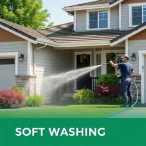 Professional soft washing service cleaning a residential home with eco-friendly methods.