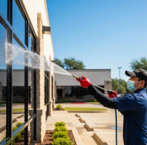 Exterior cleaning service worker soft washing a commercial building in Plano, TX.