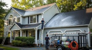 Residential roof cleaning in Plano TX with soft wash techniques and equipment.