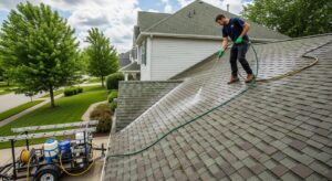 Residential roof cleaning in Plano with soft wash equipment and techniques.