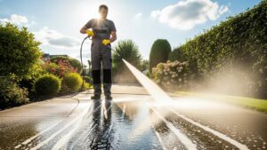 Pressure washing driveway showcasing professional cleaning and pristine surfaces
