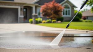 Professional pressure washing cleaning a driveway for enhanced curb appeal and concrete maintenance.