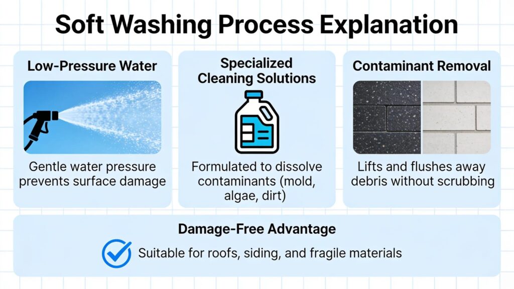 Soft washing uses low-pressure water combined with specialized cleaning solutions to remove contaminants without causing