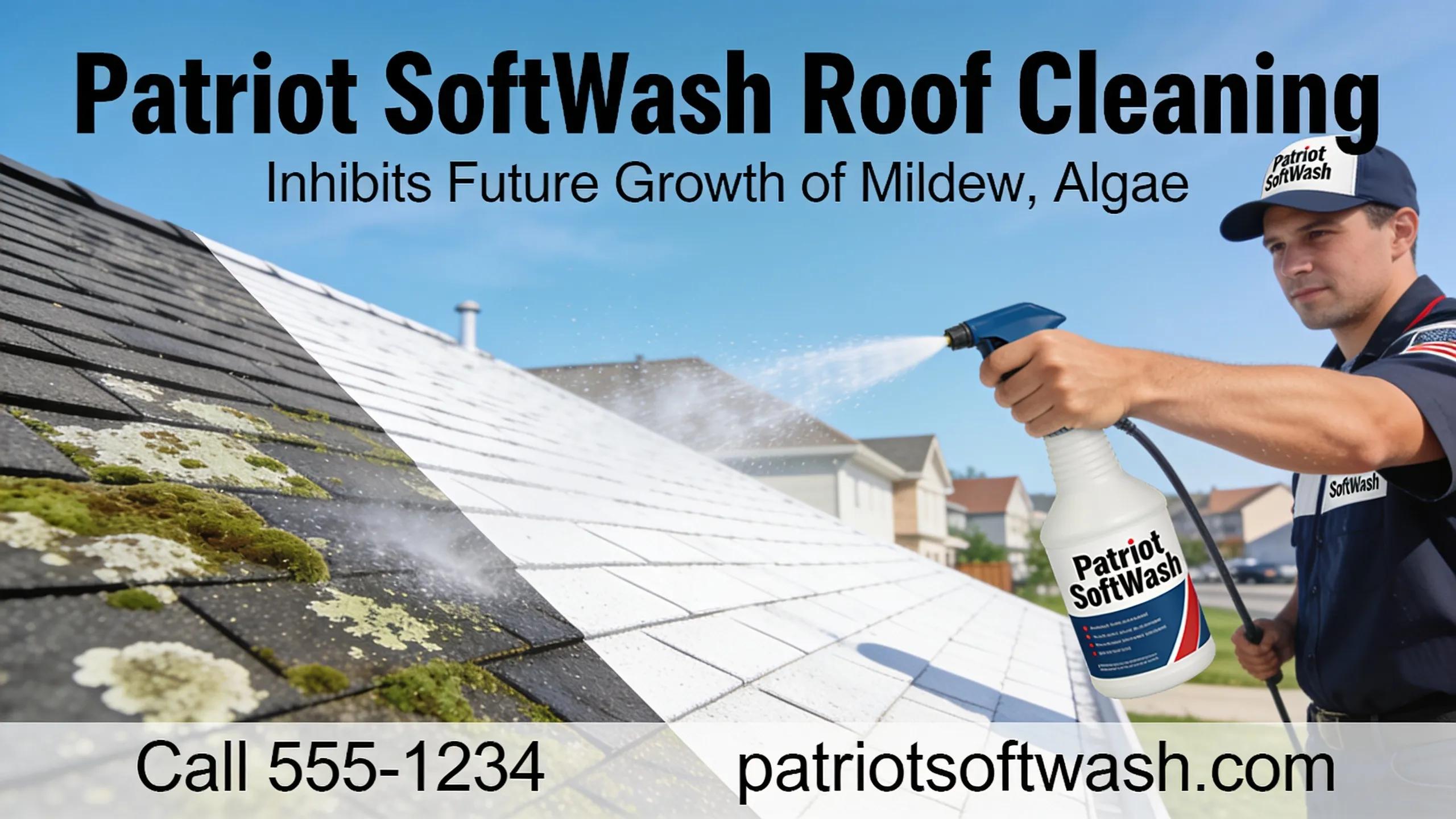 Patriot SoftWash's roof cleaning service uses products that inhibit future growth of mildew, algae