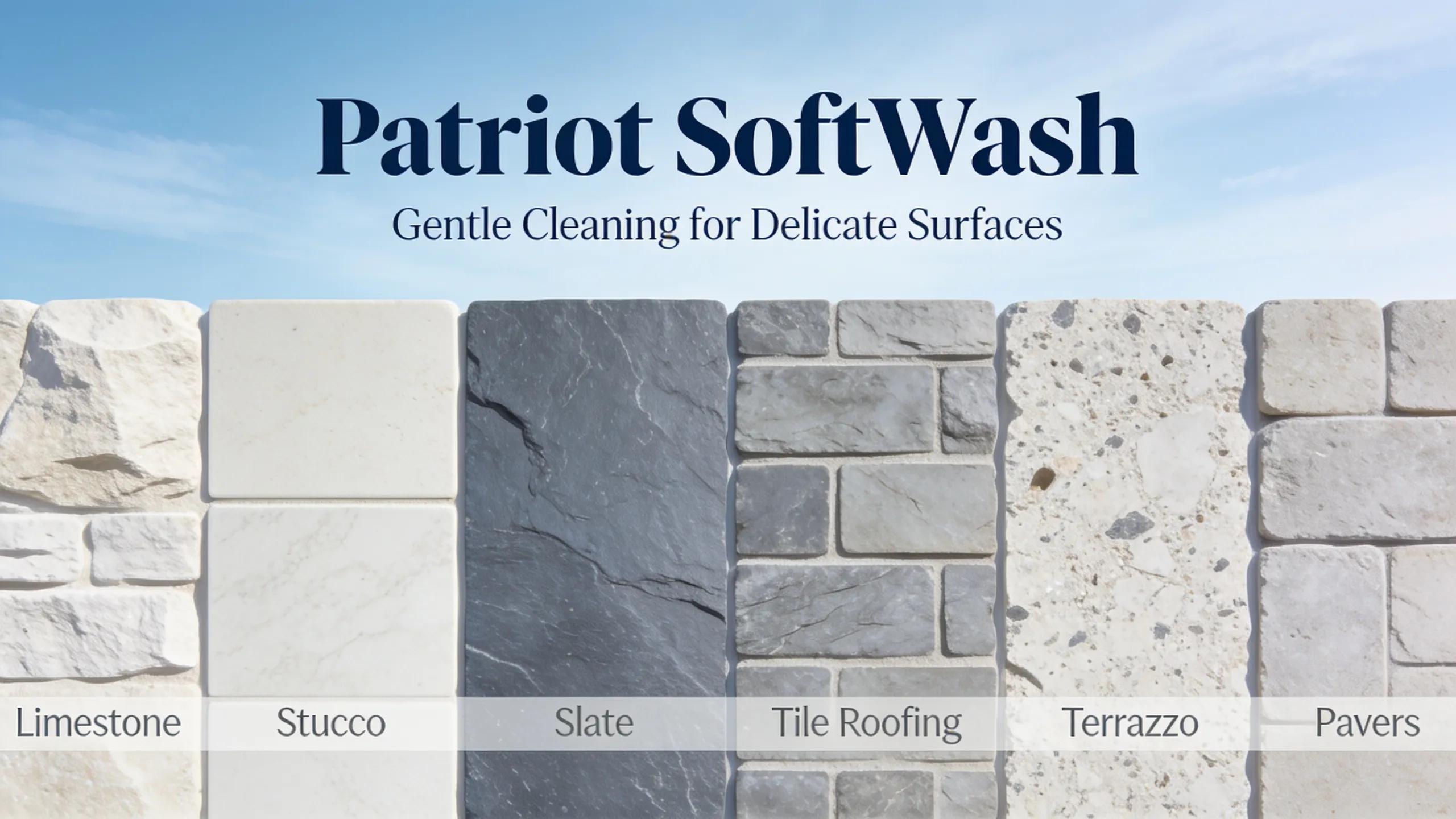 Patriot SoftWash handles delicate substrates such as limestone, stucco, slate and tile roofing, terrazzo, pavers