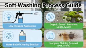 Soft washing uses low-pressure application of water-based solutions to treat organic growth and inorganic staining