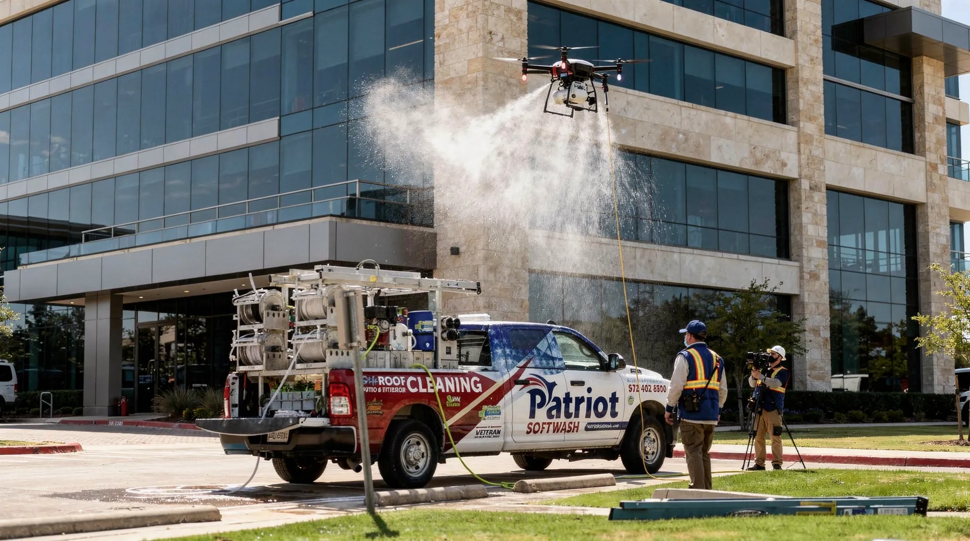 Patriot SoftWash operates an Unmanned Aircraft System (drone) capable of delivering SoftWash cleaning to buildings