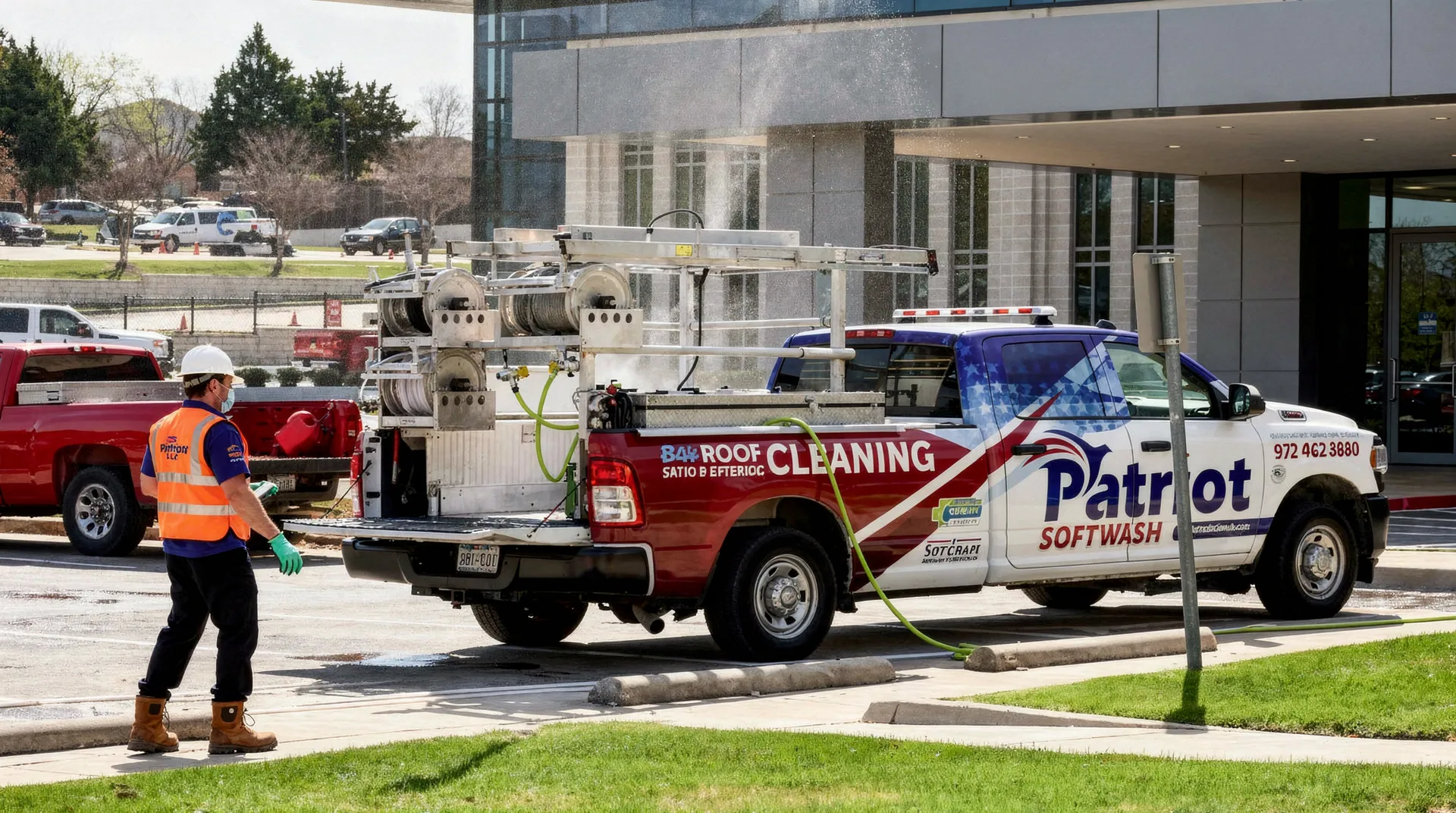 Soft washing uses a low-pressure system combined with eco-friendly cleaning agents to remove dirt, mold