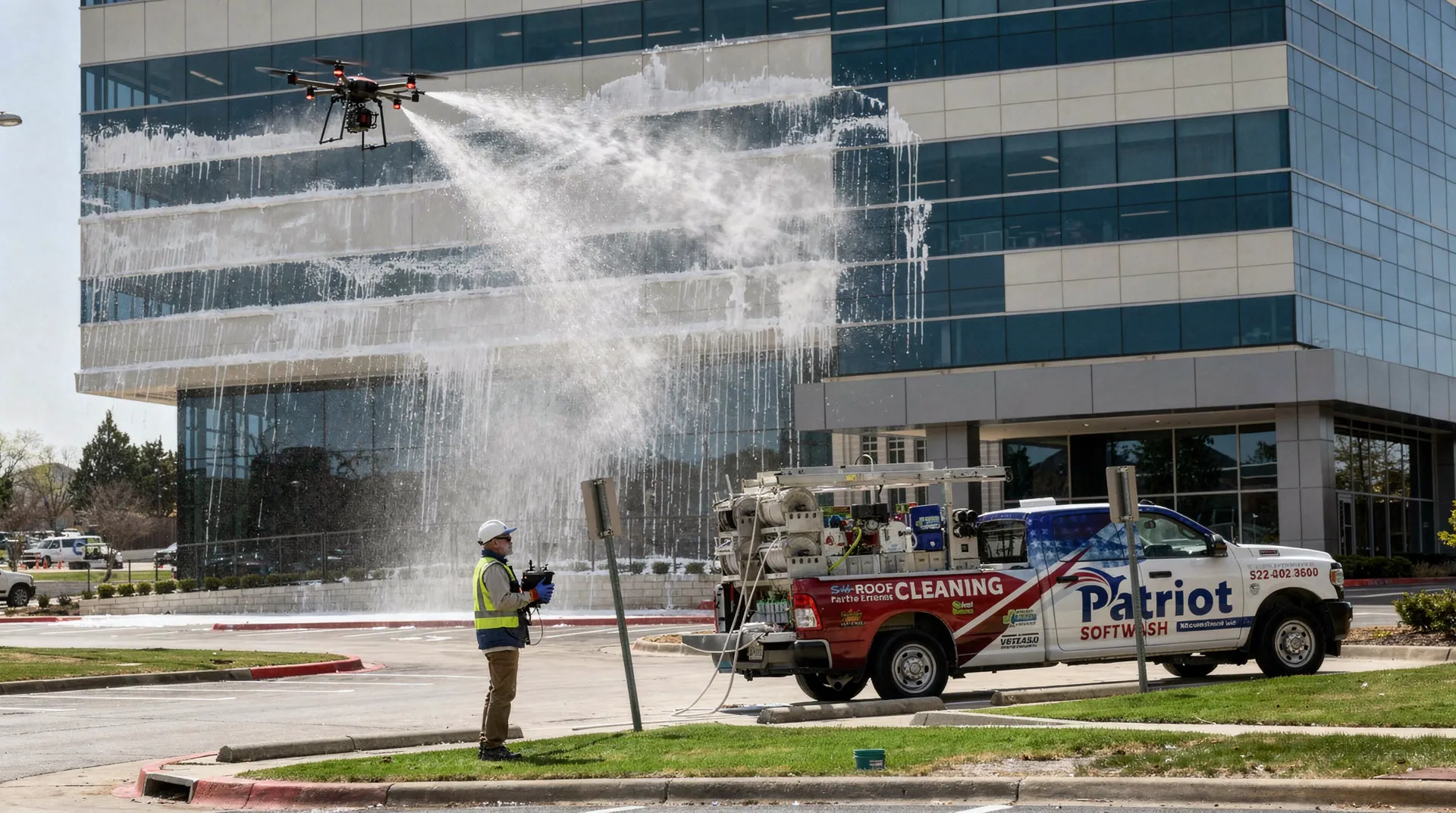 Patriot SoftWash operates an Unmanned Aircraft System (drone) capable of delivering SoftWash cleaning to buildings