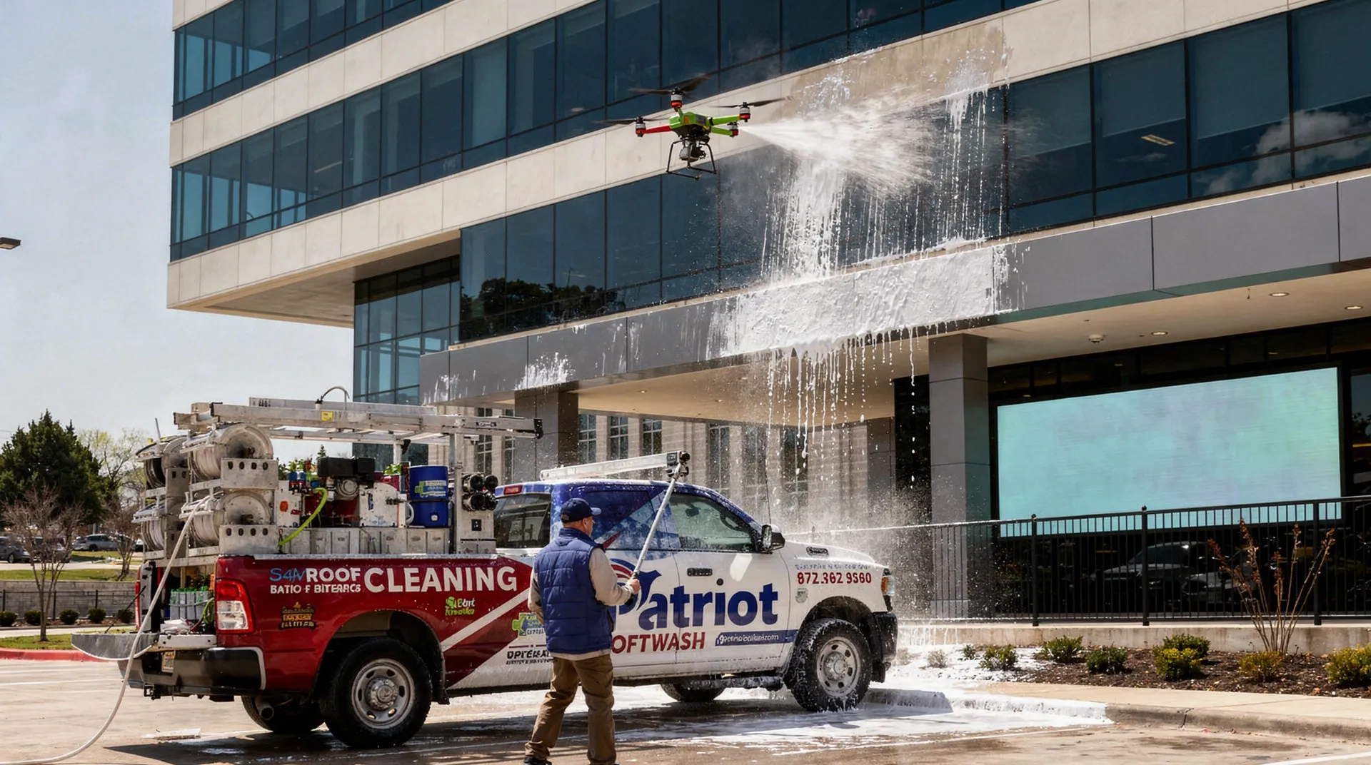 Patriot SoftWash operates an Unmanned Aircraft System (drone) capable of delivering SoftWash cleaning to buildings