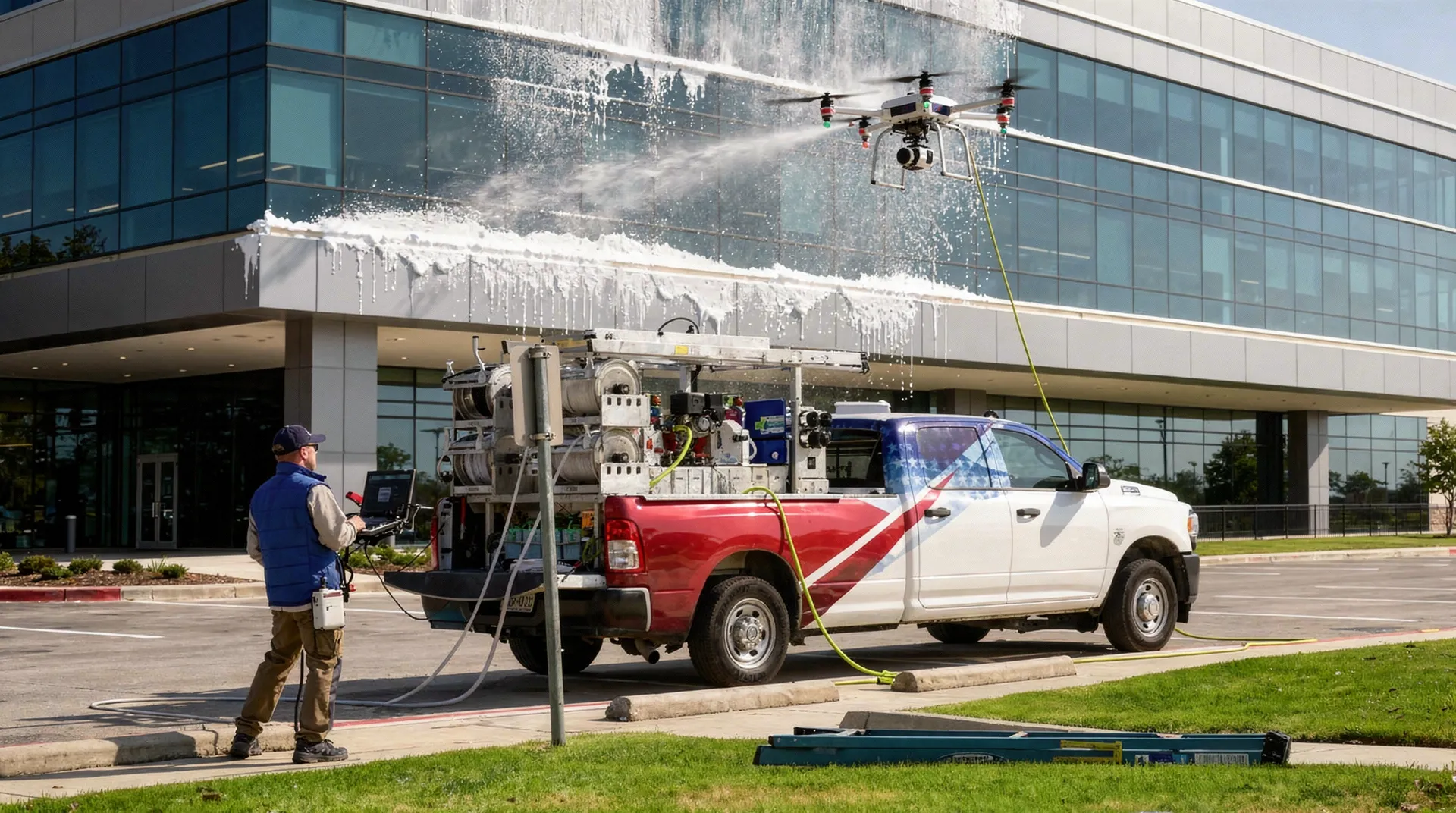Patriot SoftWash's commercial capabilities include parking lots, drive-thrus, sidewalks, dumpster pads, graffiti removal